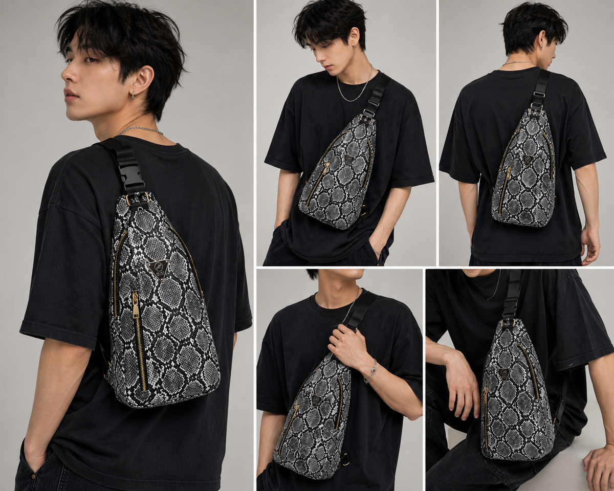 Person wearing a black shirt with a patterned sling bag, shown from different angles.
