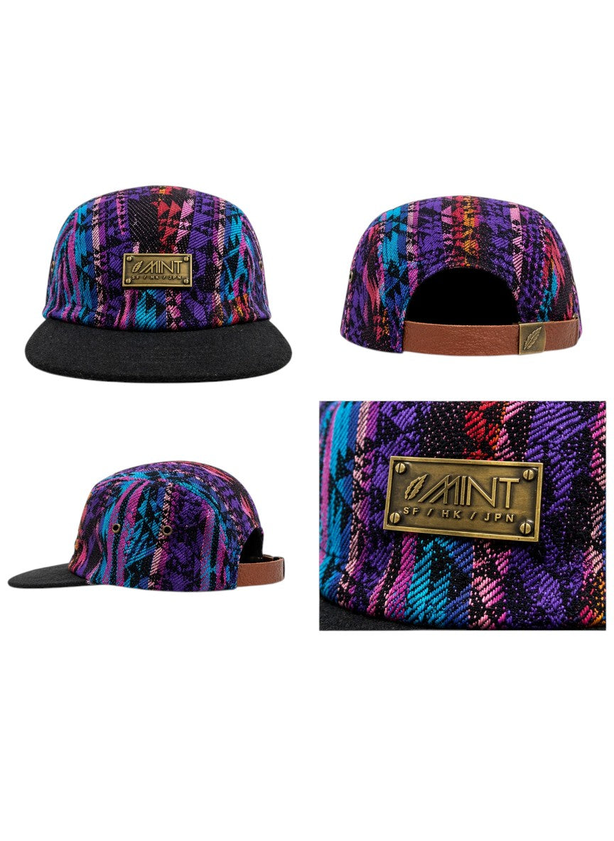 5 Panel Strap back Hat Aztec All over print(Blue/Red) with Black Brim Cap
