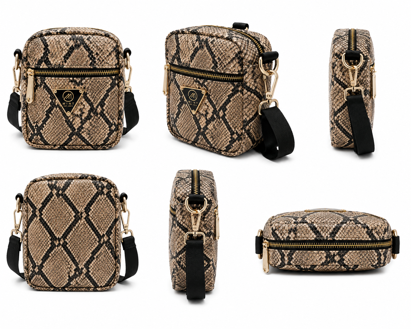 Snake patterned handbags and pouches on a white background