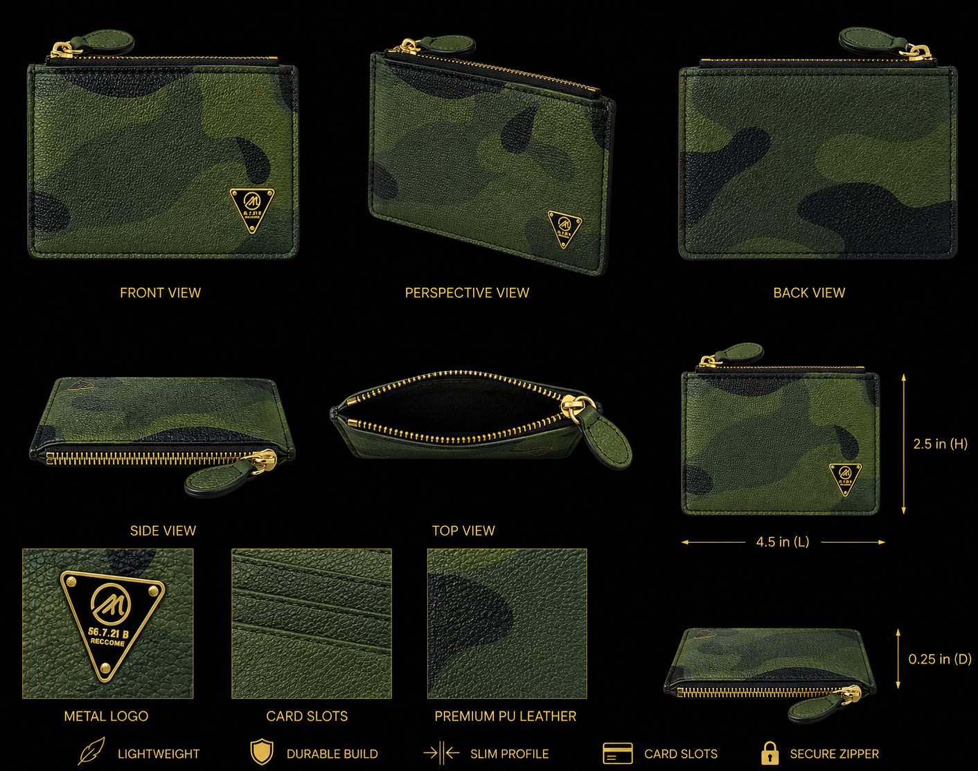 Camouflage wallet with gold accents shown from multiple angles on a black background.