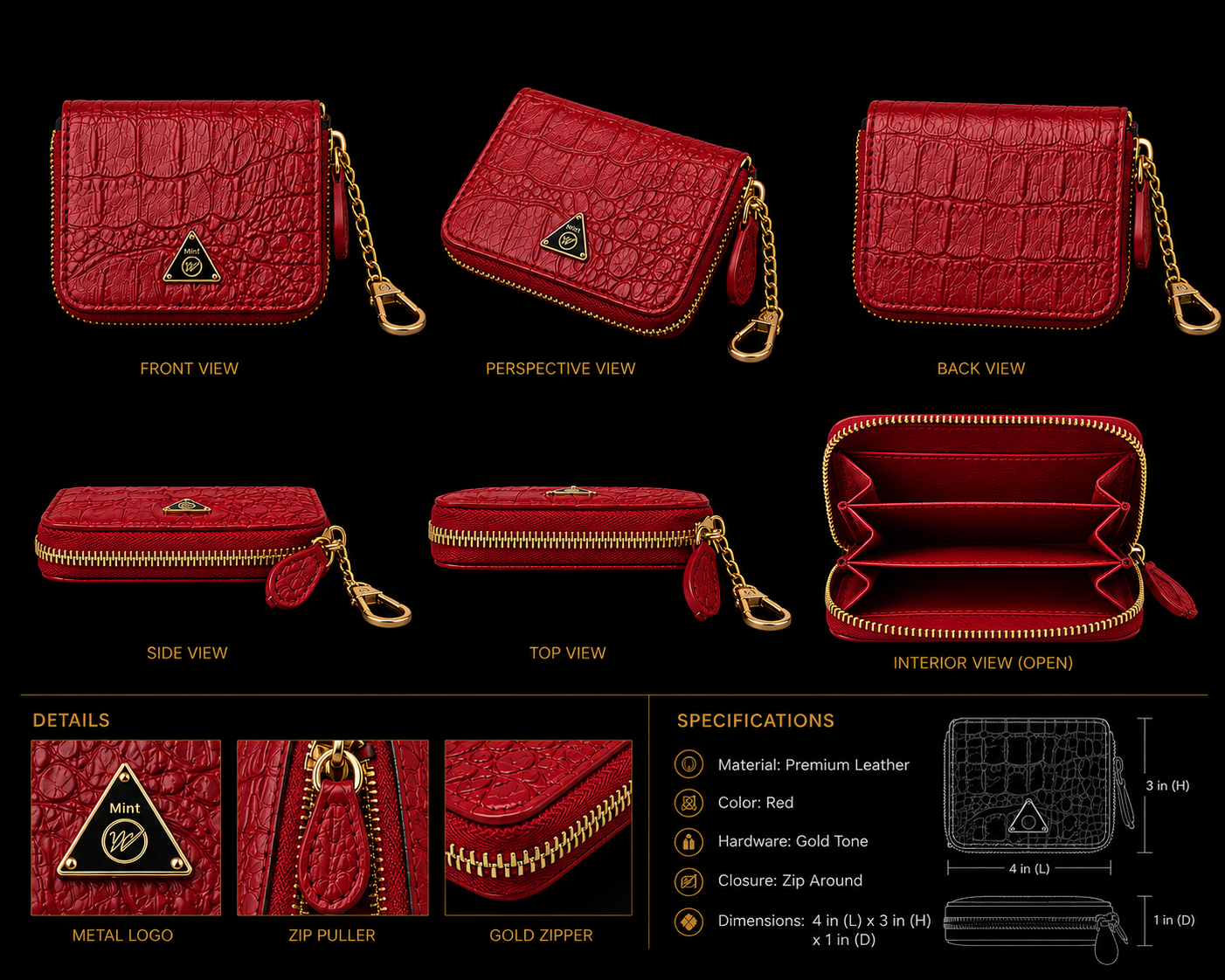 Red wallet with gold zipper and chain, shown from multiple angles with specifications.