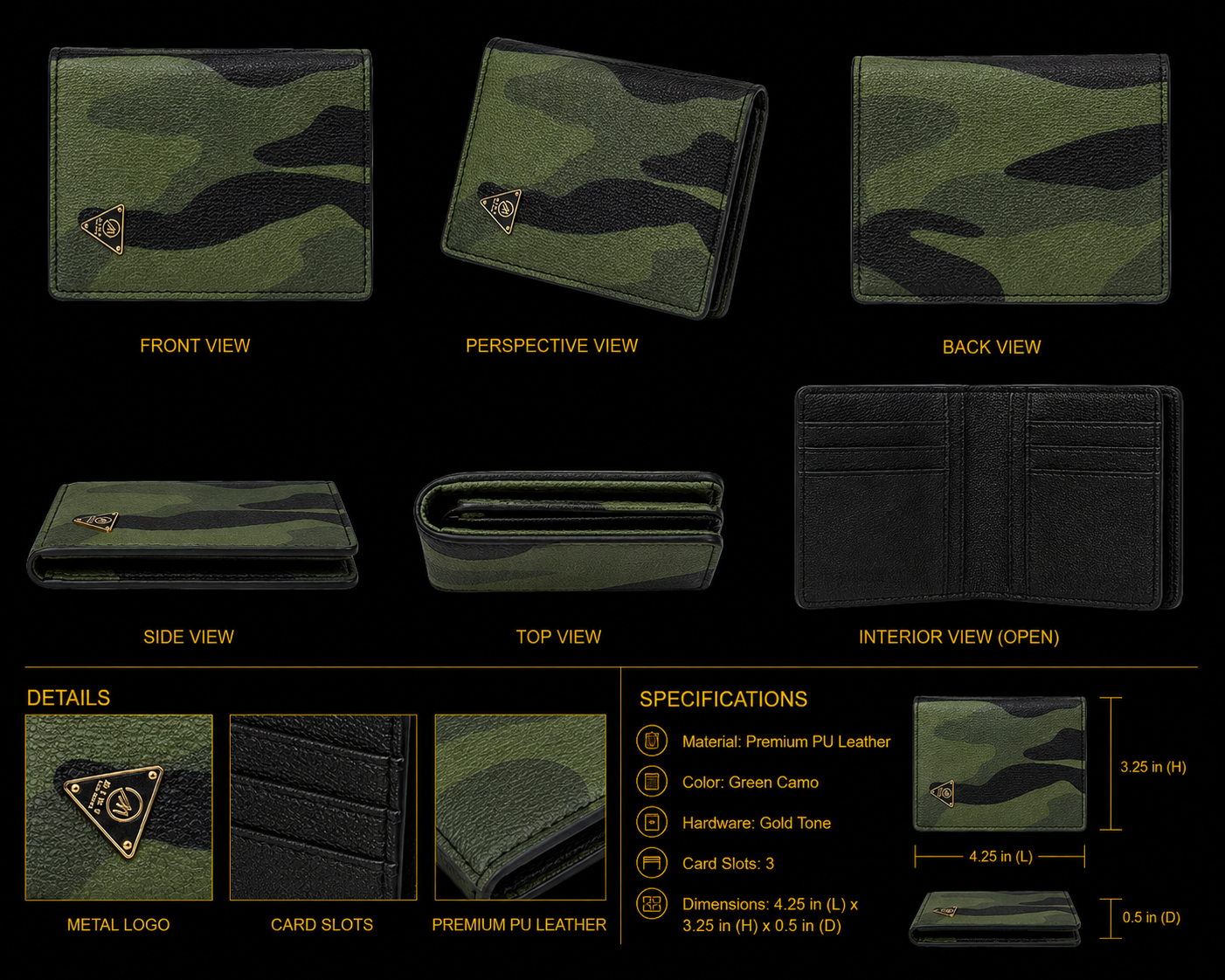 Camouflage wallet with multiple views and specifications on a black background
