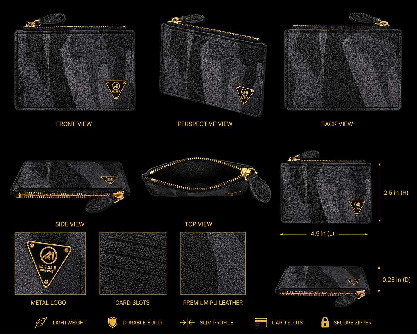 Black camouflage wallet with gold accents shown from multiple angles, including front, perspective, back, side, top views, and dimensions.
