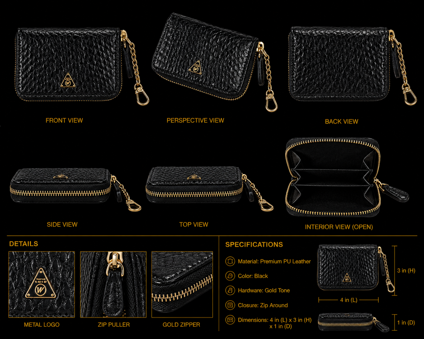Black leather wallet with gold accents shown from multiple angles on a black background.