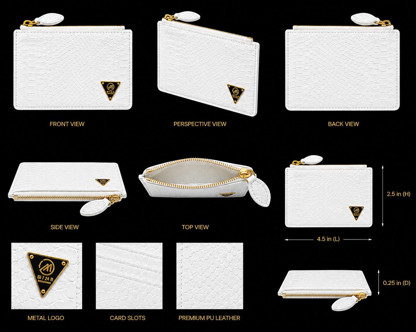 White wallet with gold accents shown from multiple angles on a black background.