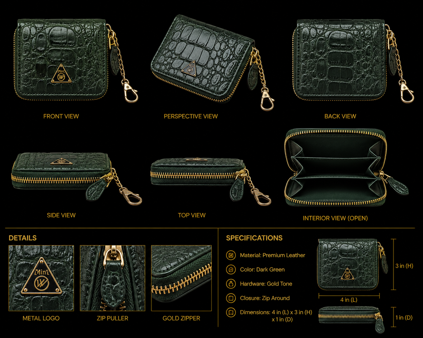 Green leather wallet with gold accents shown from multiple angles on a black background.