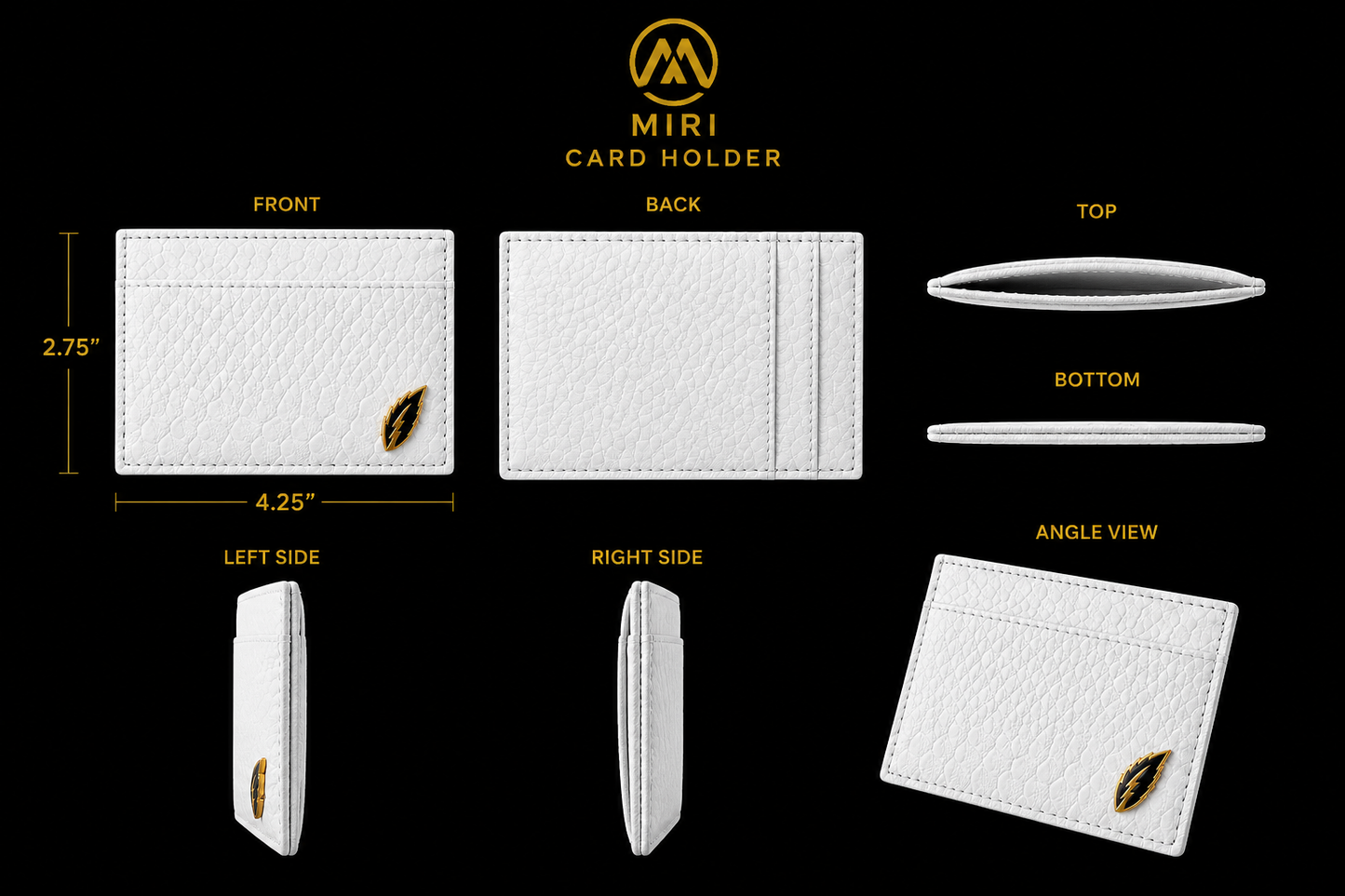 White card holder with gold accents shown from multiple angles on a black background, featuring the MIRI brand.