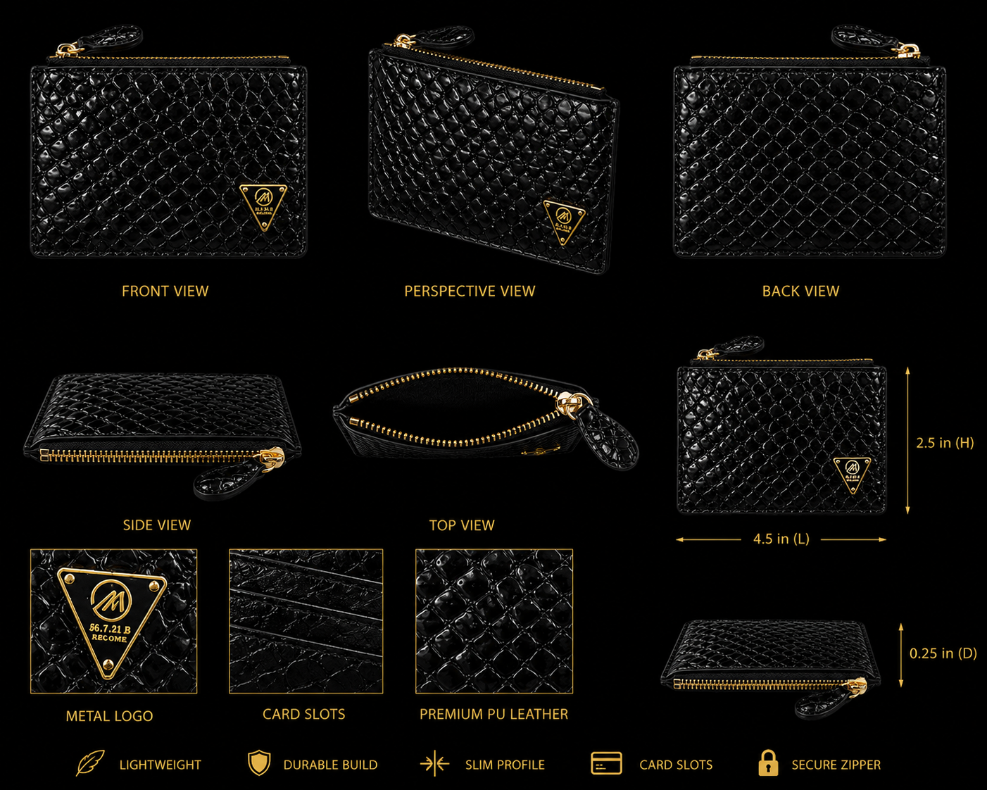 Black textured wallet with gold accents shown from multiple angles on a black background.