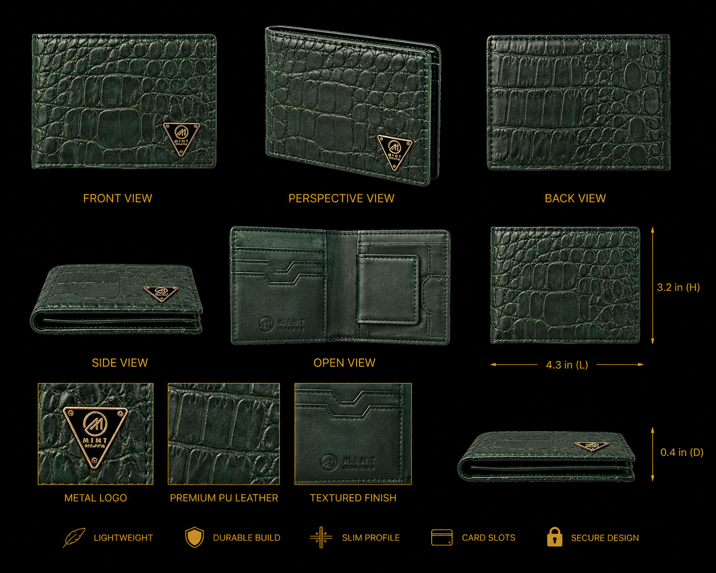 Green textured wallet with multiple views and specifications on a black background