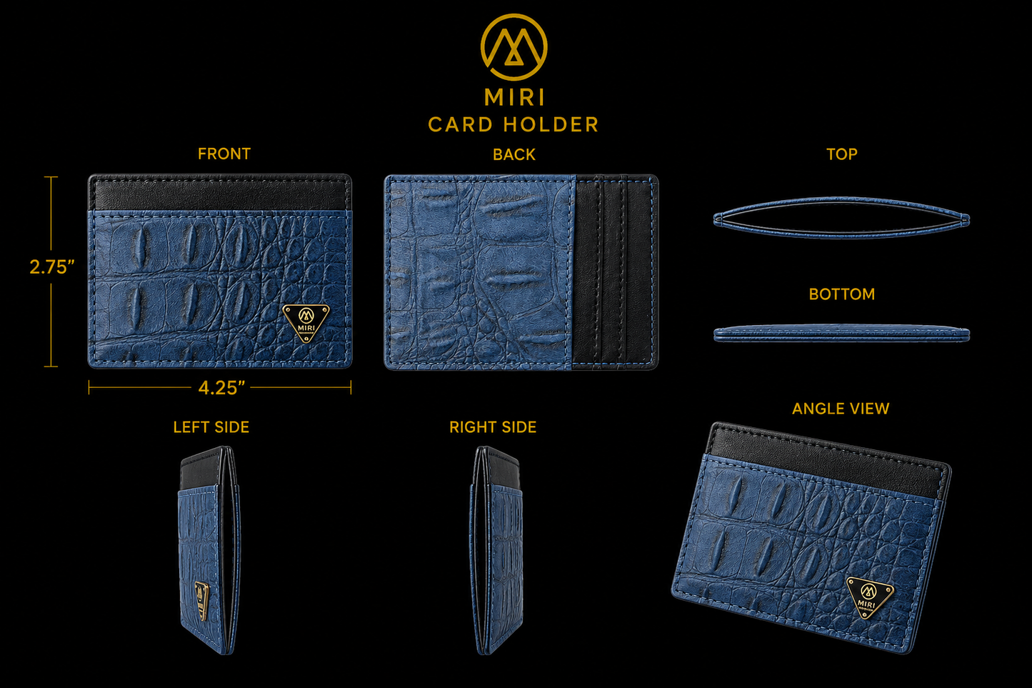 Blue card holder with dimensions and views on a black background, featuring Mint Worldwide.