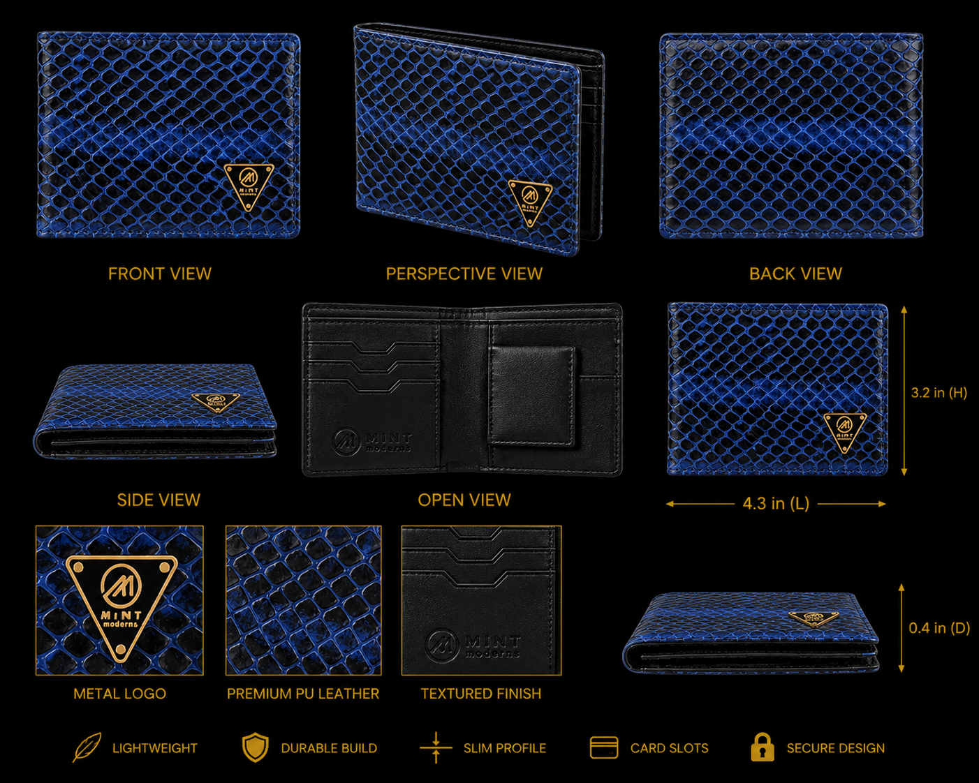 Blue textured wallet with gold logo and features on a black background