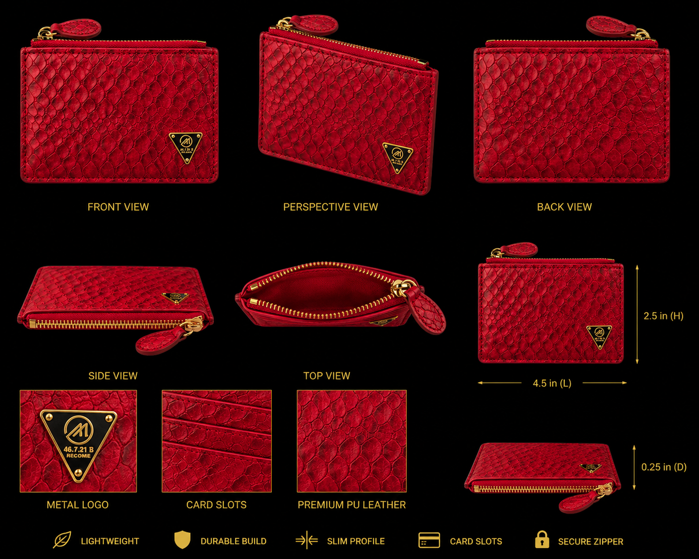 Red wallet with multiple views and specifications on a white background