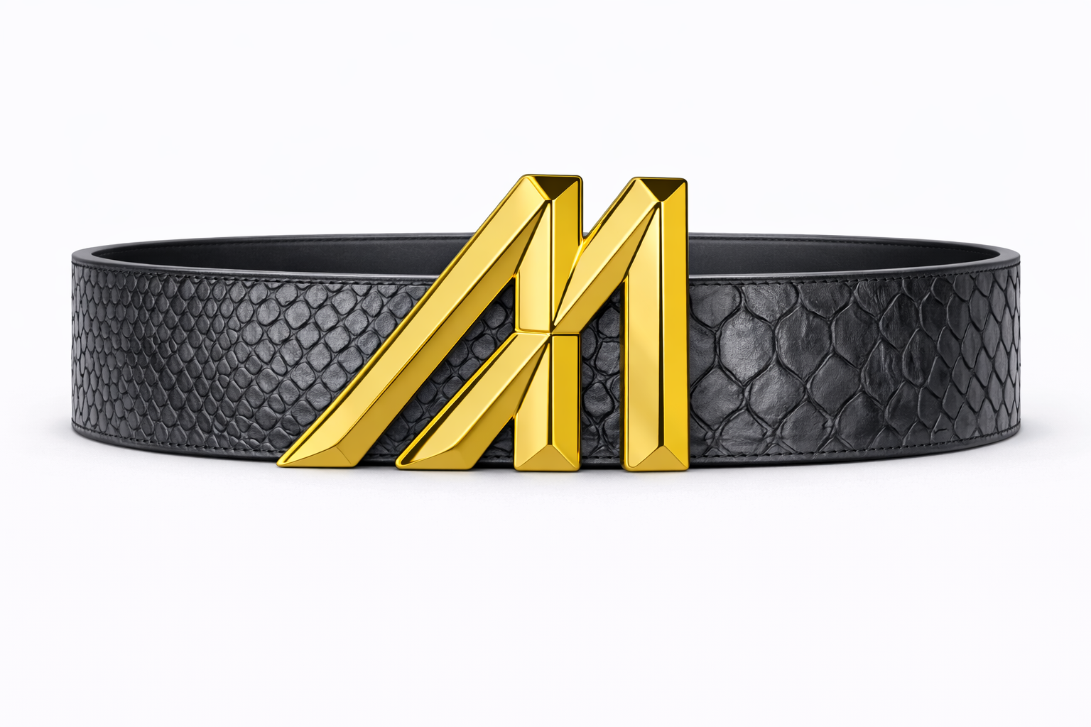Black anaconda belt with gold Mint logo on a white background