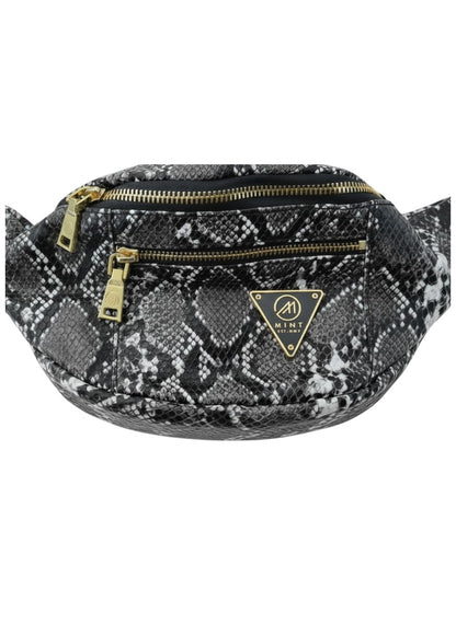 Fanny pack with snake print and gold zippers on a white background