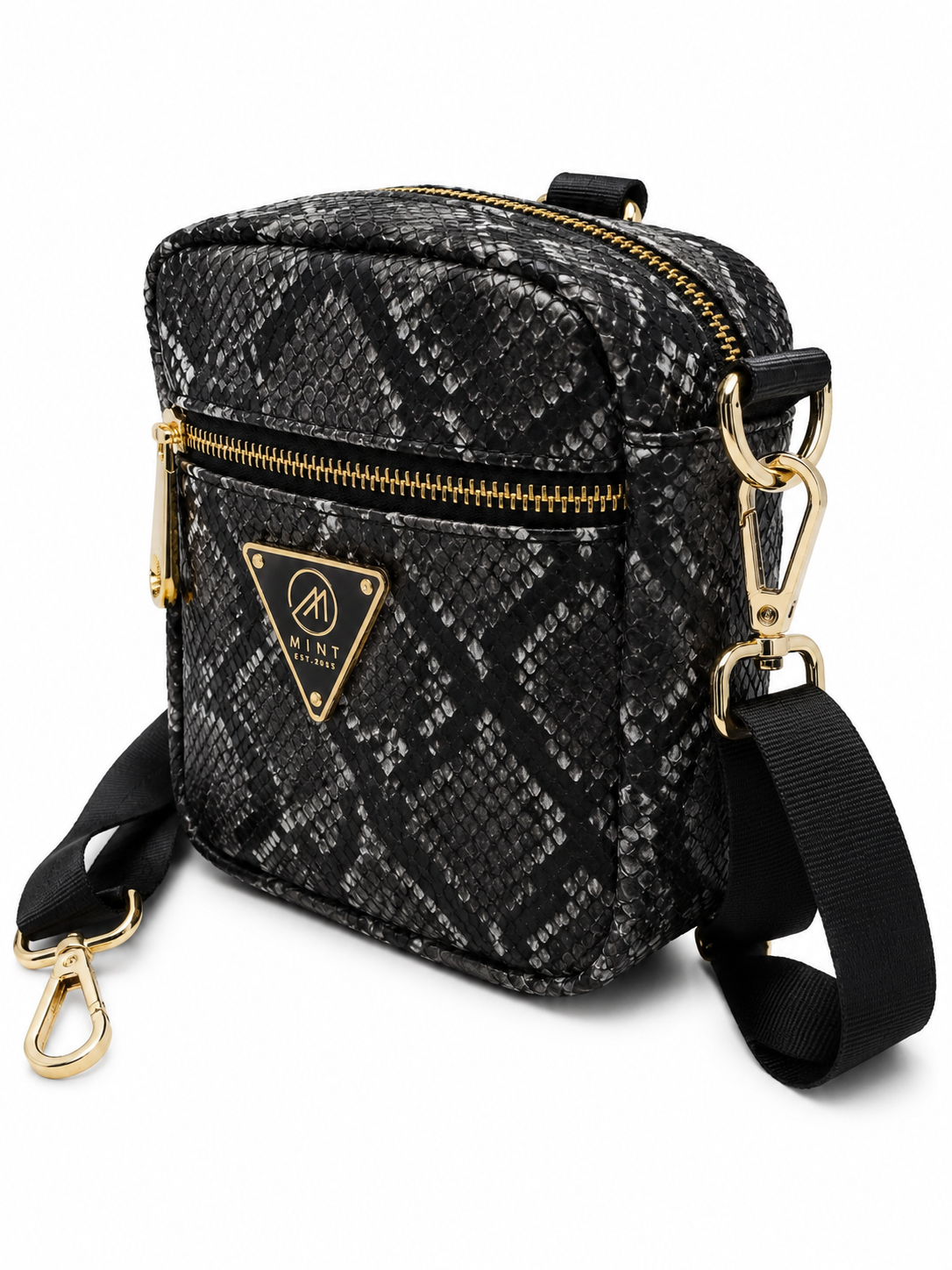 Black patterned crossbody bag with gold accents on a white background