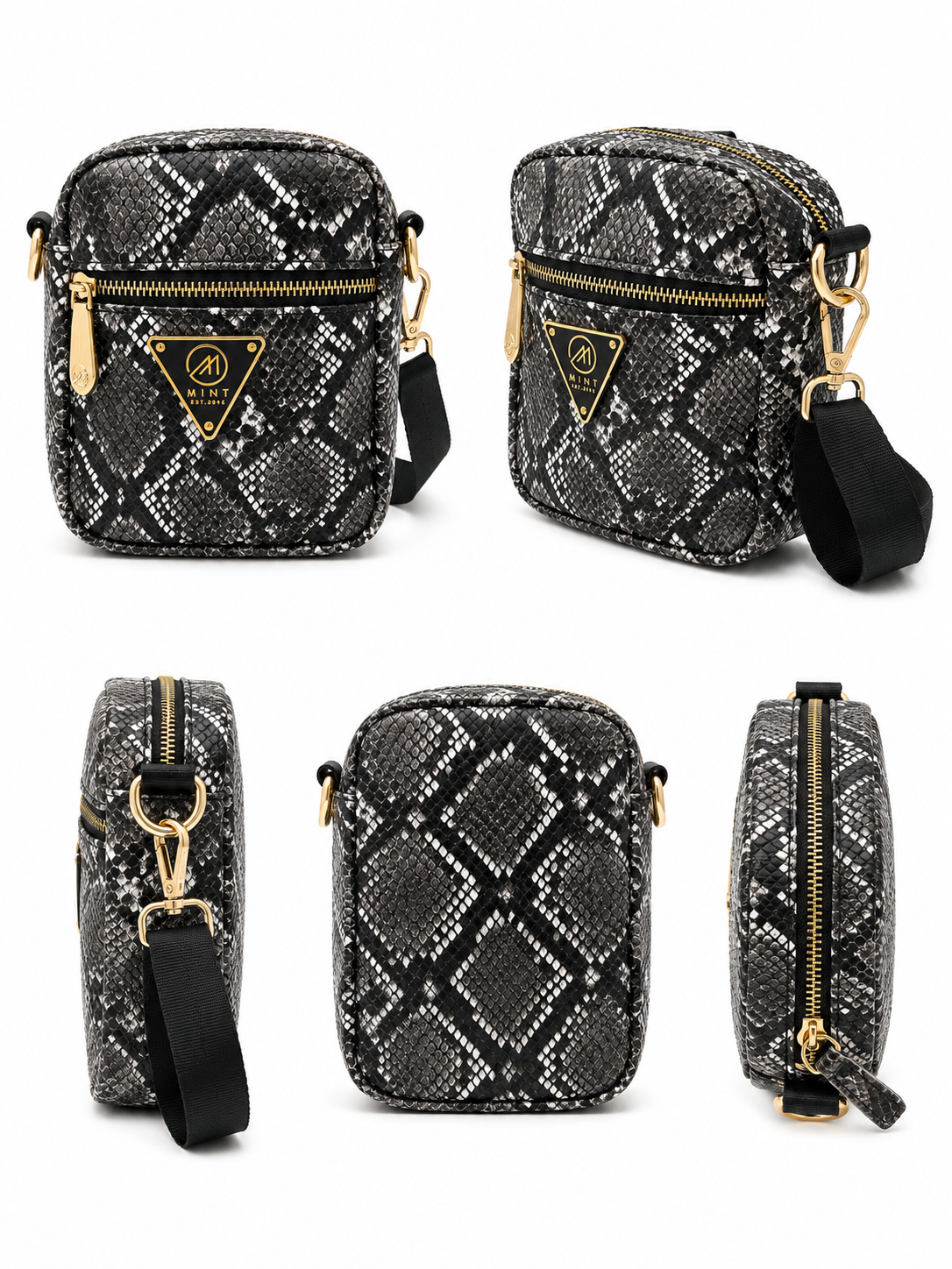 Black and white patterned crossbody bag with gold accents on a white background