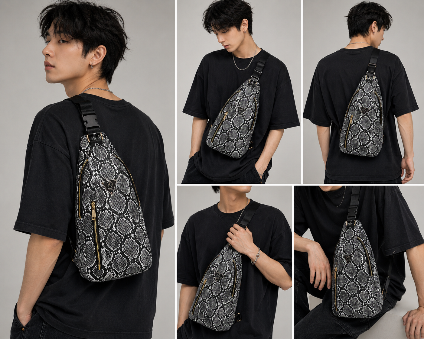 Person wearing a black shirt with a patterned sling bag, shown from different angles.