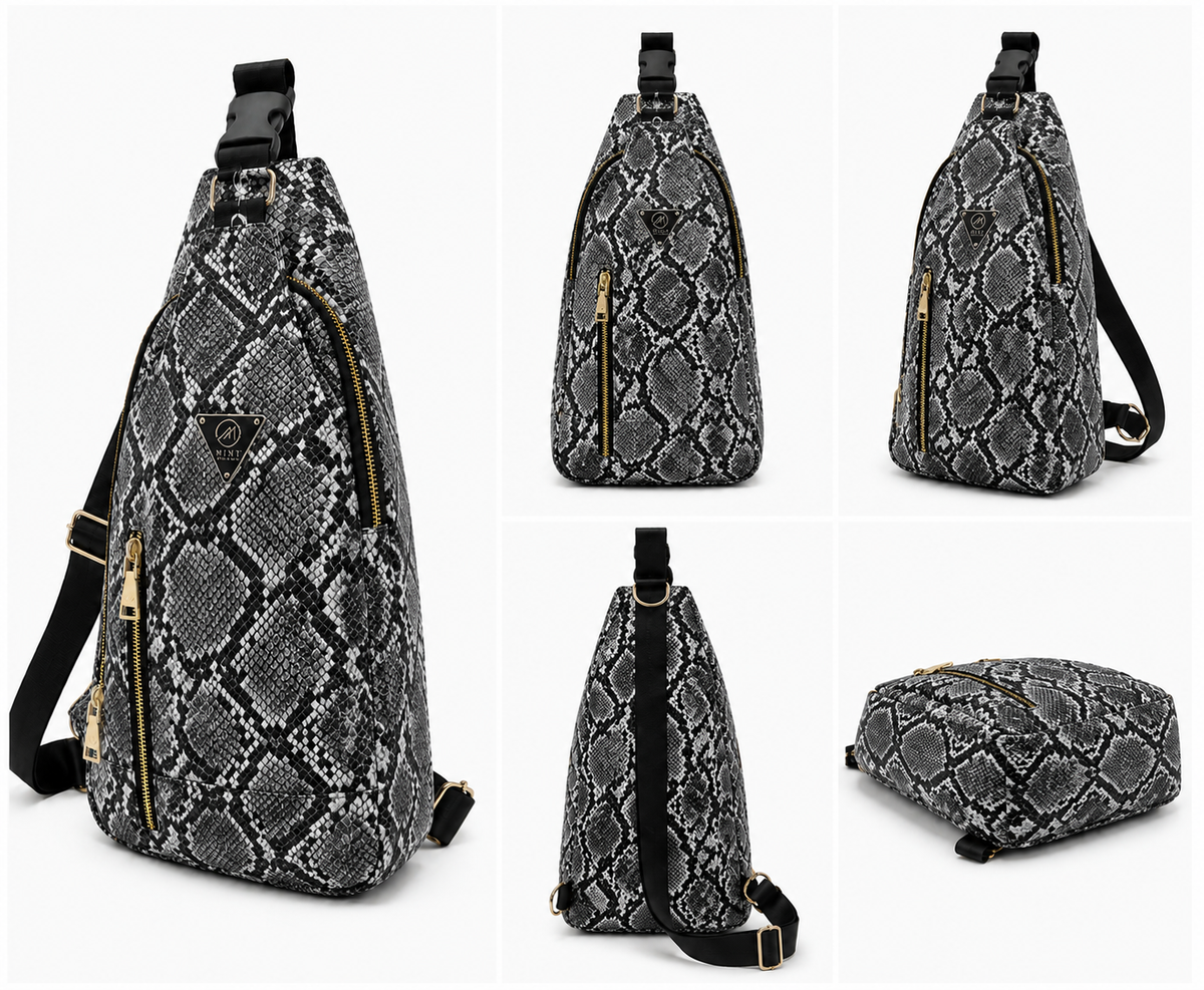 Snake pattern sling bag shown from multiple angles on a white background