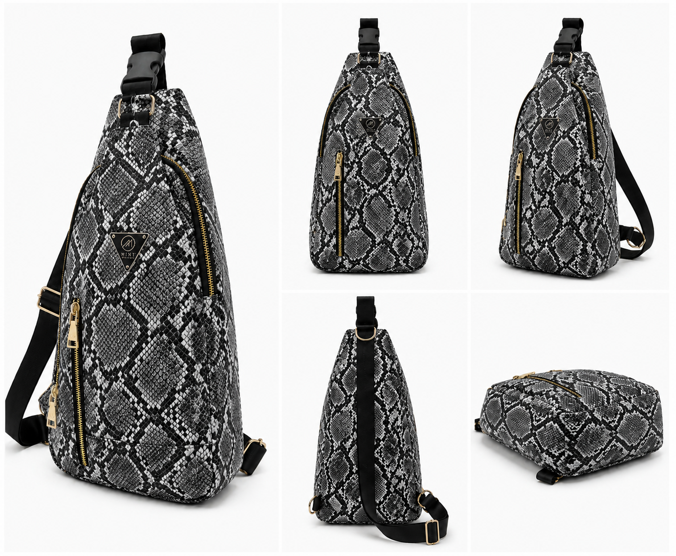 Snake pattern sling bag shown from multiple angles on a white background
