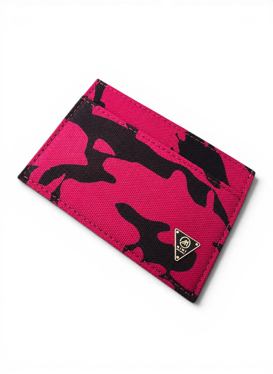 Red and black camouflage wallet with a brand logo on a white background By Mint Worldwide.