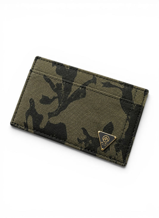 Camouflage-patterned cardholder with a logo on a white background By Mint Worldwide.