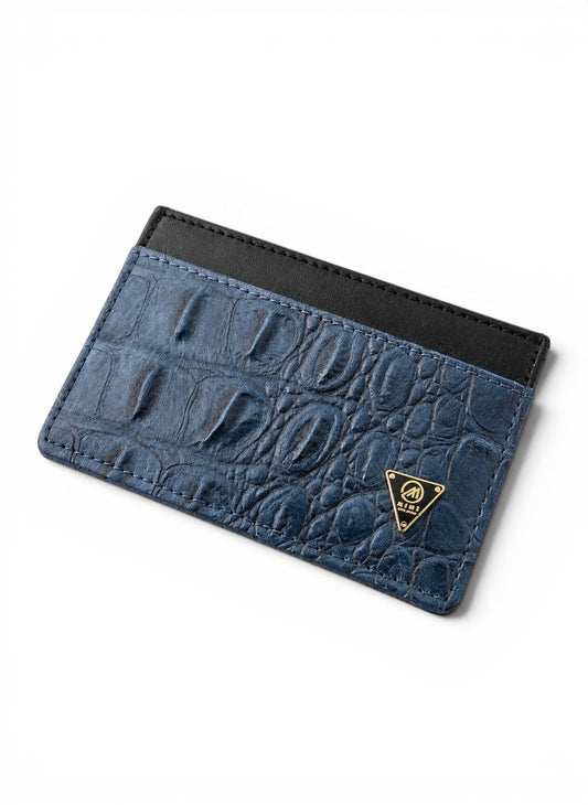 Blue textured cardholder with black border on a white background by Mint worldwide.