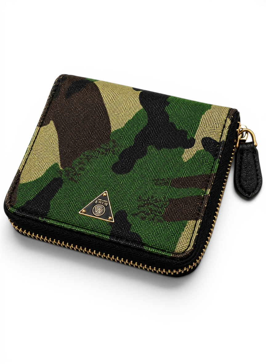 Camouflage-patterned wallet with a brand logo on a white background