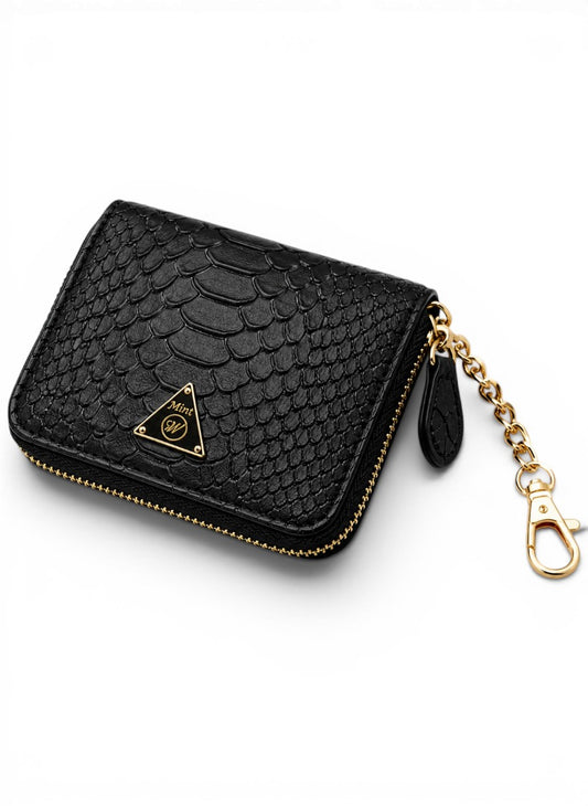 Black textured wallet with gold chain on a white background