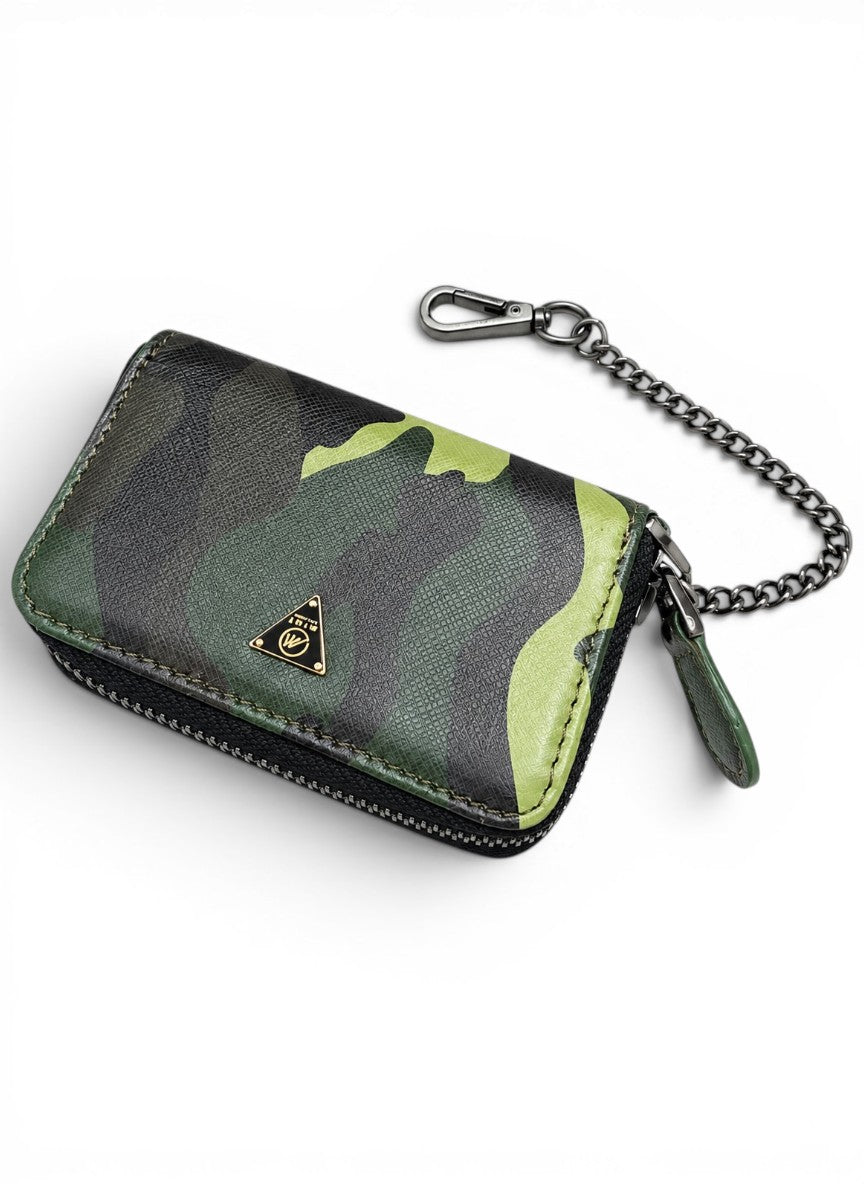 Green camouflage wallet with chain on a white background by Mint Worldwide.