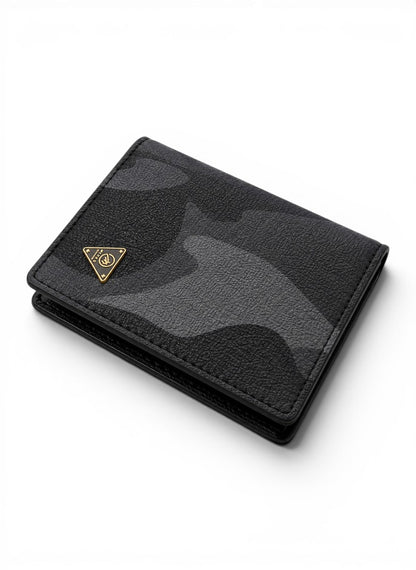 Black camouflage wallet with a gold triangle logo on a white background by Mint Worldwide.