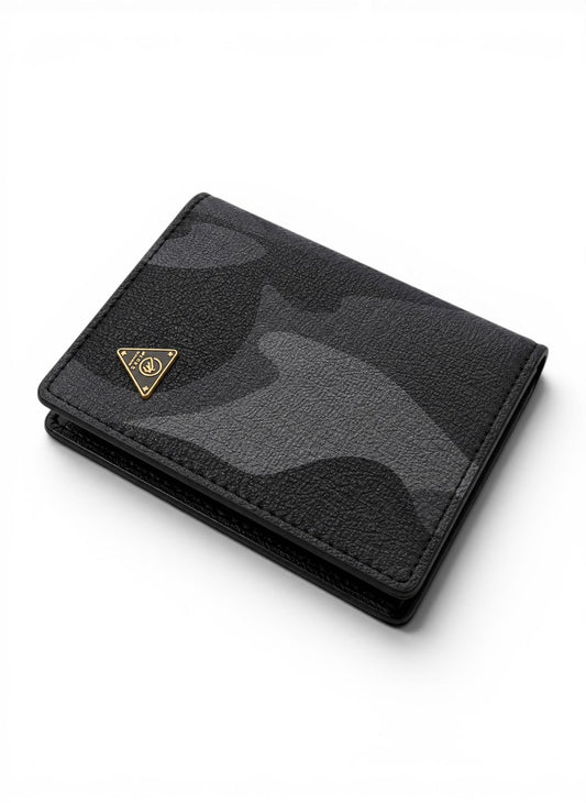 Black camouflage wallet with a gold triangle logo on a white background by Mint Worldwide.