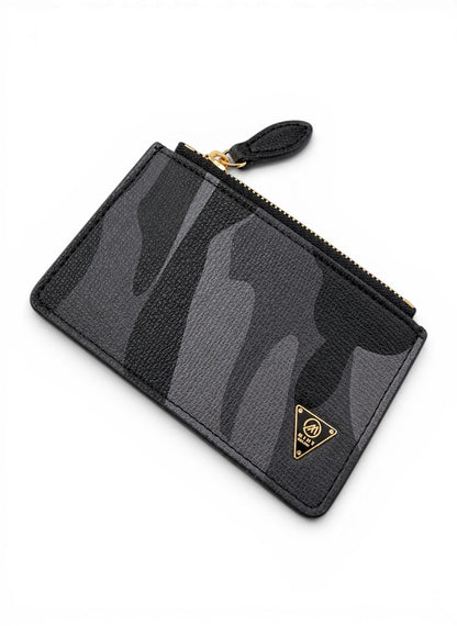 Black camouflage patterned pouch with a gold zipper on a white background by Mint Worldwide.