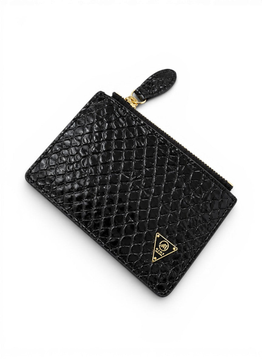Black textured pouch with gold zipper and logo on a white background by Mint Worldwide.