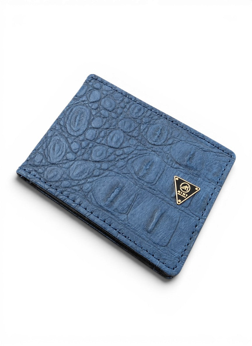 Blue textured wallet with a brand logo on a white background by Mint Worldwide.