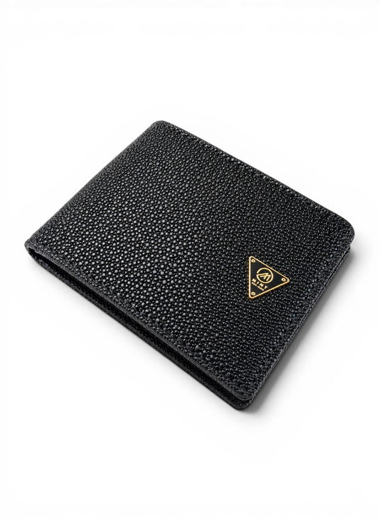 Black textured wallet with a logo on a white background by Mint Worldwide.
