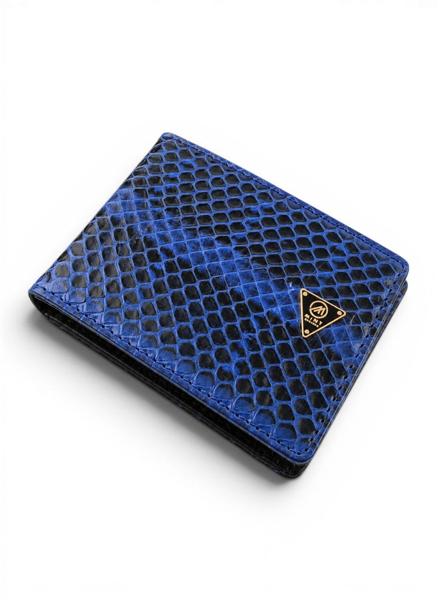 Blue textured wallet with a brand logo on a white background by Mint Worldwide.
