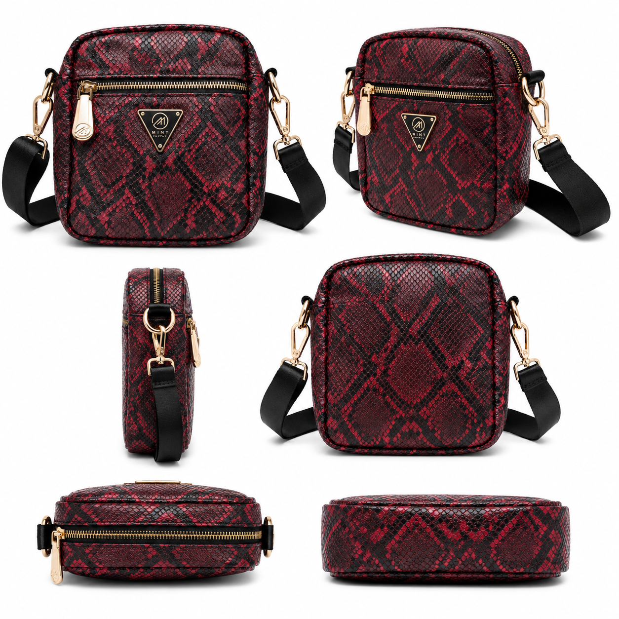 Red snake print bags with gold accents on a white background