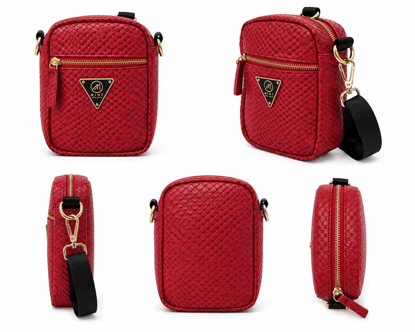Red textured crossbody bag with gold accents and a black strap on a white background