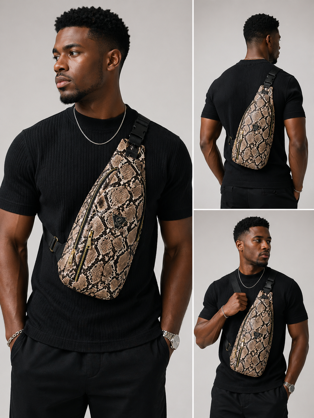 Man wearing a black t-shirt with a snake skin patterned bag on a gray background