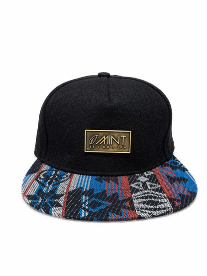 6 Panel Leather Strap Back Hat In Black with Multi color Brim