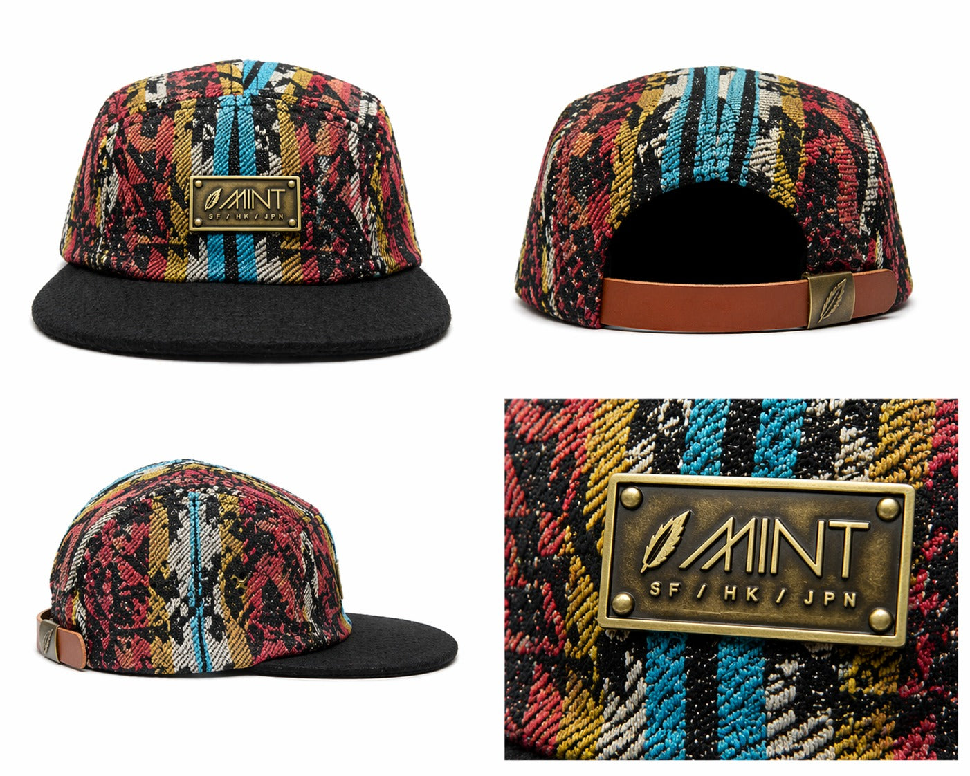 5 Panel Strap back Hat Aztec All over print with Black Brim Cap