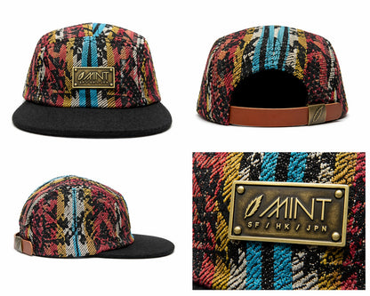 5 Panel Strap back Hat Aztec All over print with Black Brim Cap