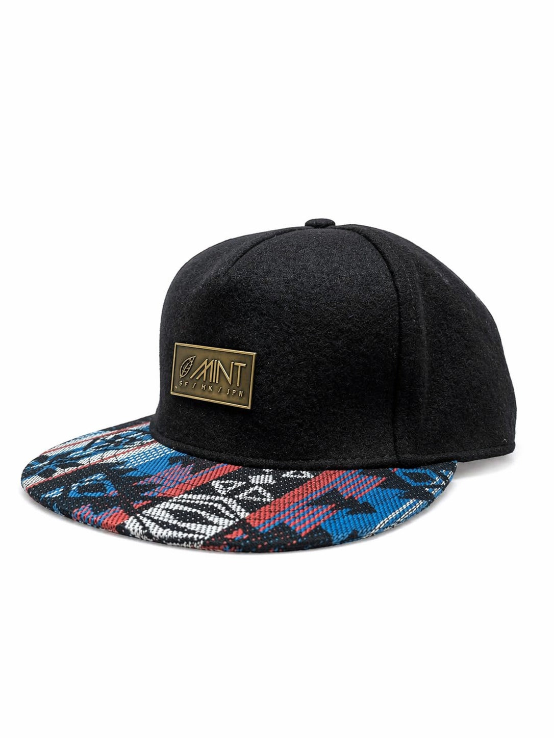 6 Panel Leather Strap Back Hat In Black with Multi color Brim