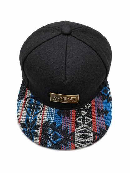 6 Panel Leather Strap Back Hat In Black with Multi color Brim