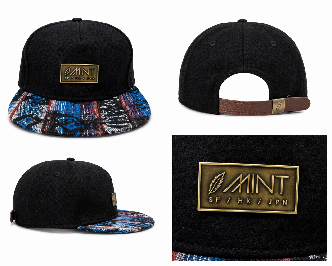6 Panel Leather Strap Back Hat In Black with Multi color Brim