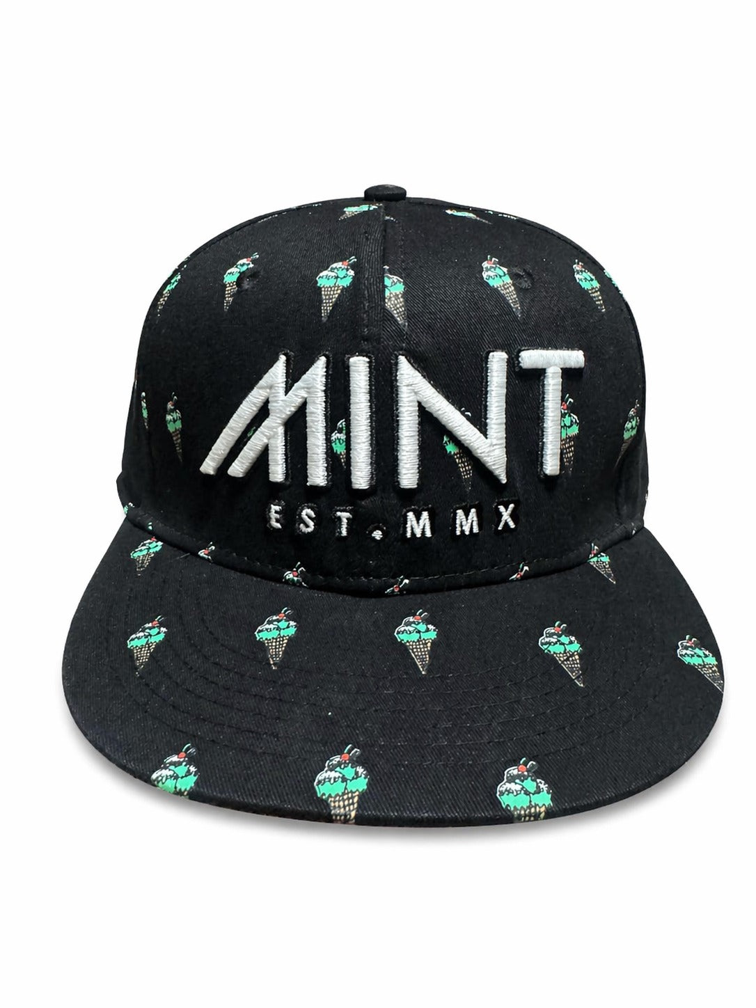 6 Panel Strap Back Hat Ice Cream design in Black