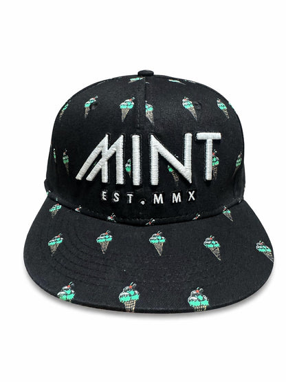 6 Panel Strap Back Hat Ice Cream design in Black