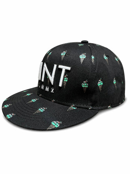 6 Panel Strap Back Hat Ice Cream design in Black