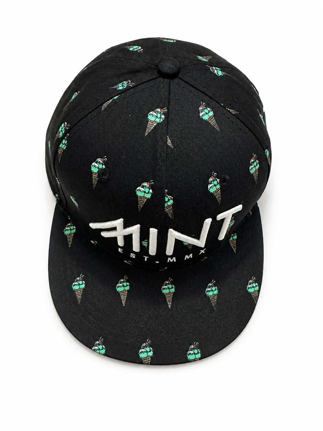 6 Panel Strap Back Hat Ice Cream design in Black