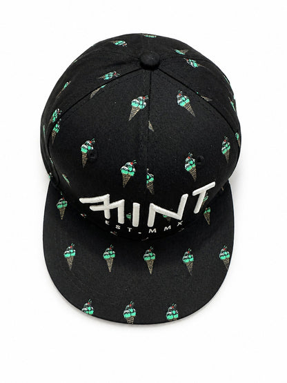 6 Panel Strap Back Hat Ice Cream design in Black